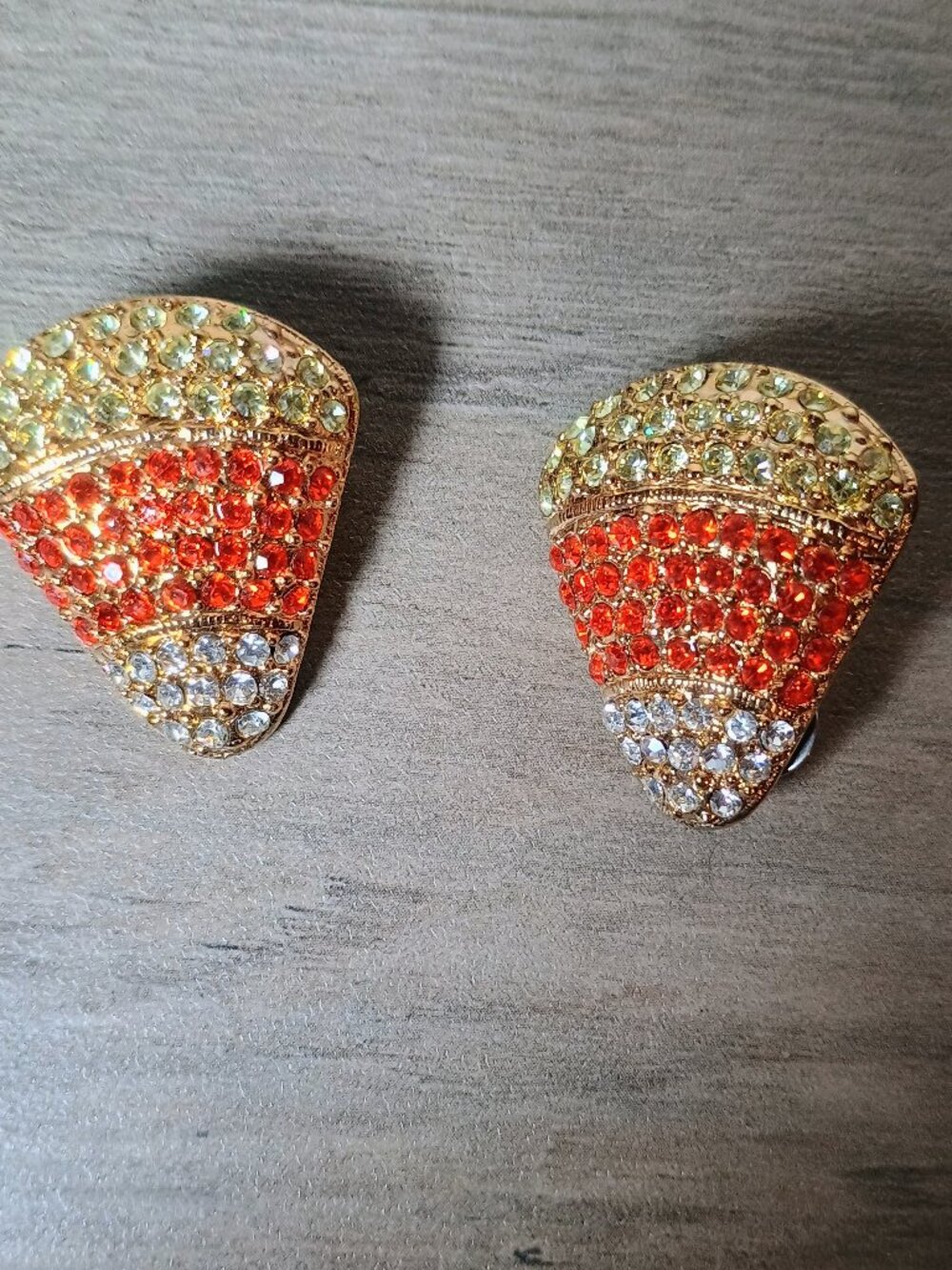 VTG Festive Halloween Candy Corn Earrings, Crystal Encrusted ClipOn/Fall Jewelry
